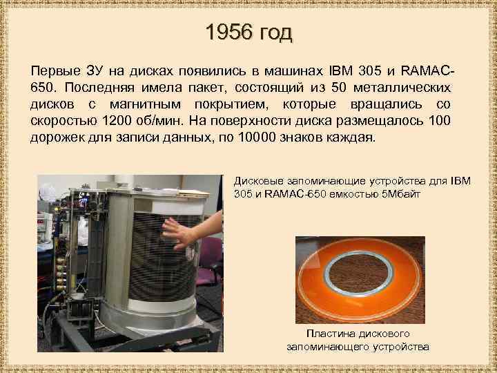 1956 год Первые ЗУ на дисках появились в машинах IBM 305 и RAMAC 650.