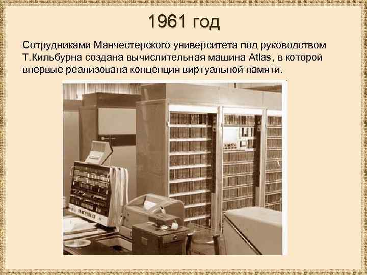 1961 год Сотрудниками Манчестерского университета под руководством Т. Кильбурна создана вычислительная машина Atlas, в