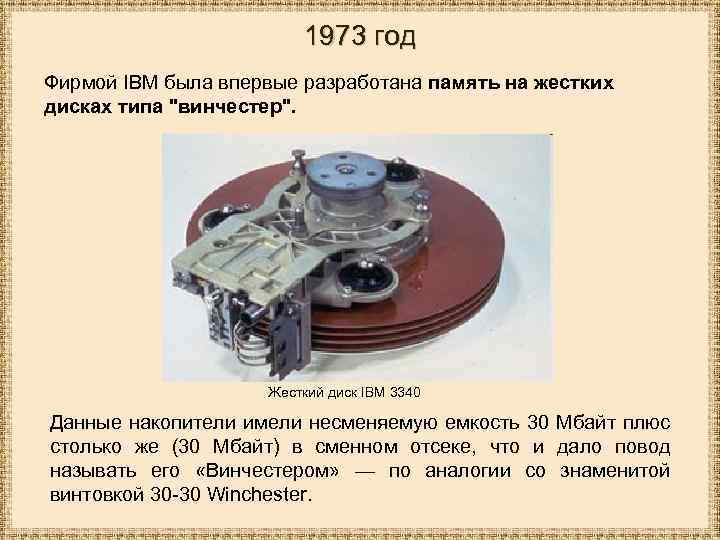 1973 год Фирмой IBM была впервые разработана память на жестких дисках типа 