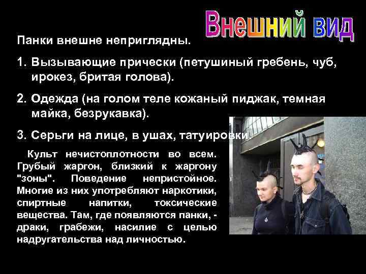 Панки внешне неприглядны. 1. Вызывающие прически (петушиный гребень, чуб, ирокез, бритая голова). 2. Одежда