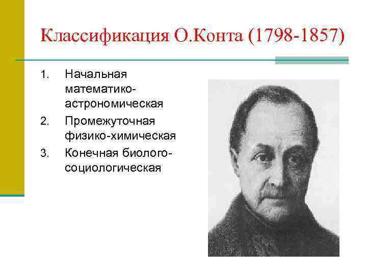 Классификация О. Конта (1798 -1857) 1. 2. 3. Начальная математикоастрономическая Промежуточная физико-химическая Конечная биологосоциологическая