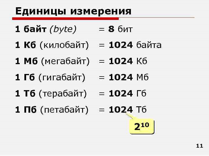 Единицы измерения 1 байт (bytе) = 8 бит 1 Кб (килобайт) = 1024 байта