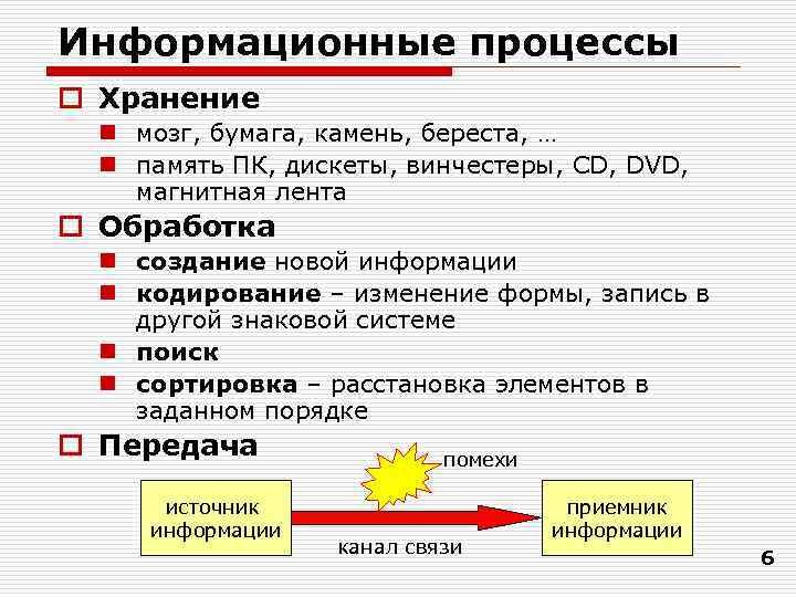 Информационные процессы o Хранение n мозг, бумага, камень, береста, … n память ПК, дискеты,