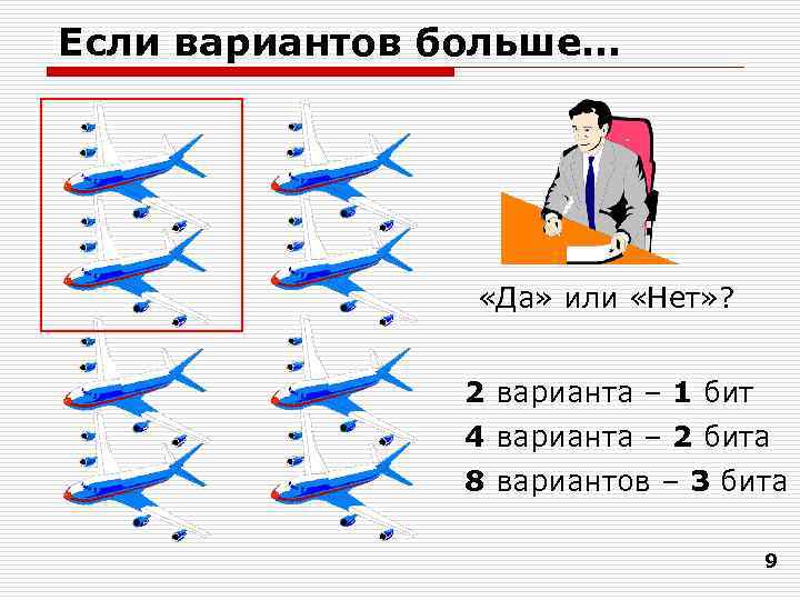 Если вариантов больше… «Да» или «Нет» ? 2 варианта – 1 бит 4 варианта