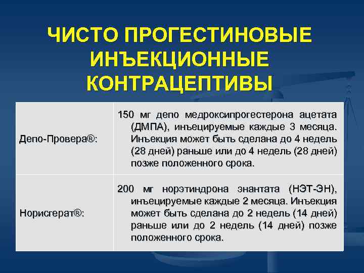 ЧИСТО ПРОГЕСТИНОВЫЕ ИНЪЕКЦИОННЫЕ КОНТРАЦЕПТИВЫ Депо-Провера®: 150 мг депо медроксипрогестерона ацетата (ДМПА), инъецируемые каждые 3