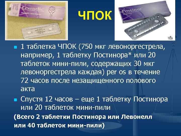 ЧПОК n n 1 таблетка ЧПОК (750 мкг левоноргестрела, например, 1 таблетку Постинора* или