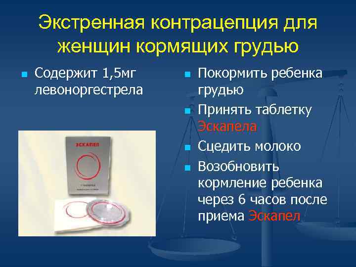 Экстренная контрацепция для женщин кормящих грудью n Содержит 1, 5 мг левоноргестрела n n