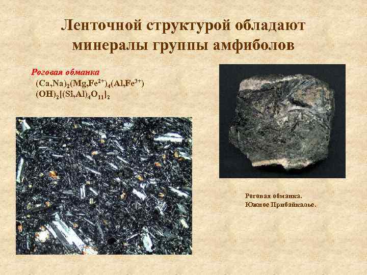 Ленточной структурой обладают минералы группы амфиболов Роговая обманка (Ca, Na)2(Mg, Fe 2+)4(Al, Fe 3+)