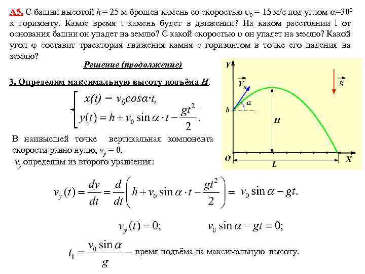 А 5. С башни высотой h = 25 м брошен камень со скоростью 0