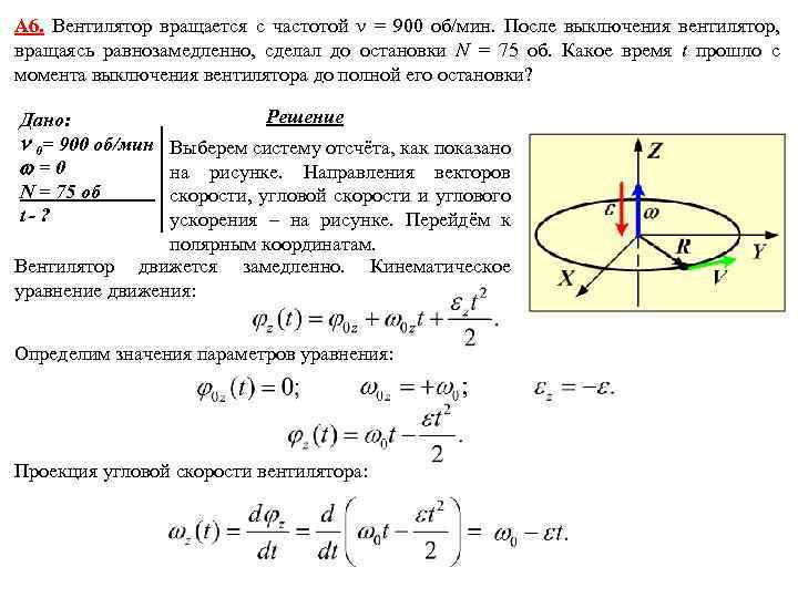 А 6. Вентилятор вращается с частотой = 900 об/мин. После выключения вентилятор, вращаясь равнозамедленно,