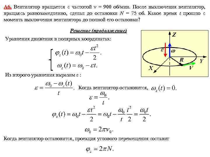 А 6. Вентилятор вращается с частотой = 900 об/мин. После выключения вентилятор, вращаясь равнозамедленно,