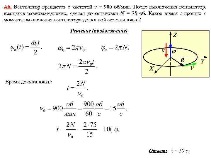 А 6. Вентилятор вращается с частотой = 900 об/мин. После выключения вентилятор, вращаясь равнозамедленно,
