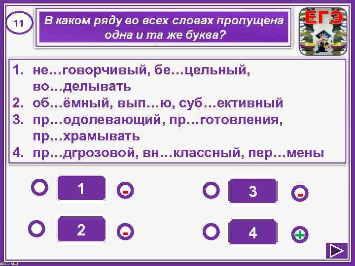 11 1. не…говорчивый, бе…цельный, во…делывать 2. об…ёмный, вып…ю, суб…ективный 3. пр…одолевающий, пр…готовления, пр…храмывать 4.