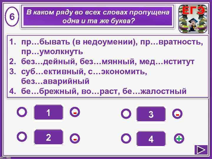 6 1. пр…бывать (в недоумении), пр…вратность, пр…умолкнуть 2. без…дейный, без…мянный, мед…нститут 3. суб…ективный, с…экономить,