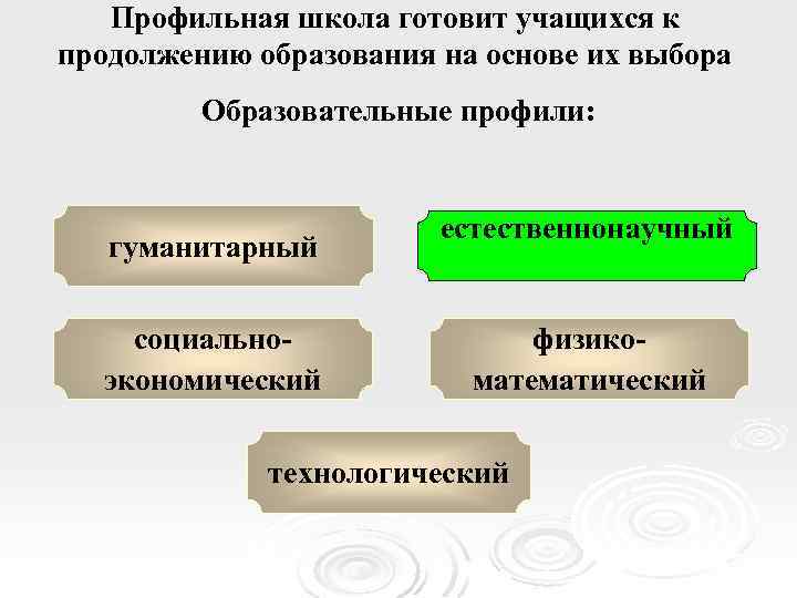 Профильная школа готовит учащихся к продолжению образования на основе их выбора Образовательные профили: гуманитарный