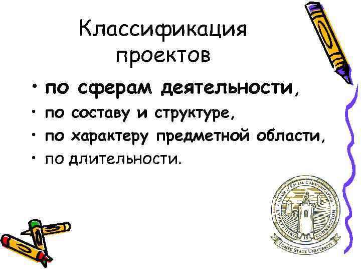 Классификация проектов • по сферам деятельности, • по составу и структуре, • по характеру
