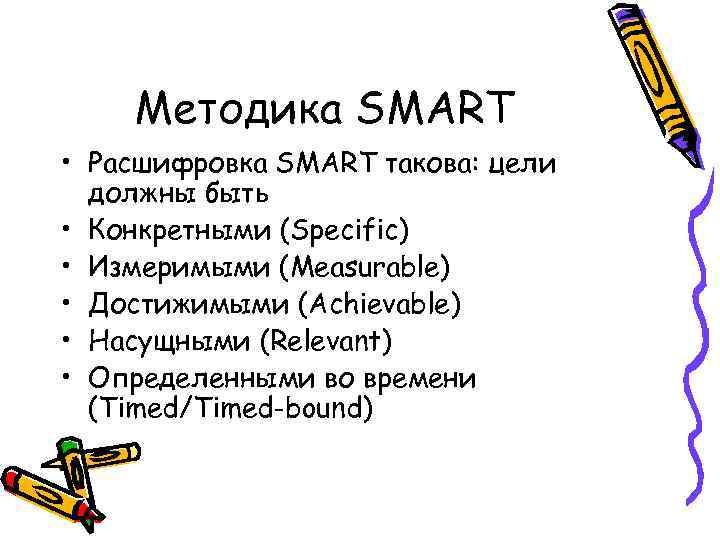 Методика SMART • Расшифровка SMART такова: цели должны быть • Конкретными (Specific) • Измеримыми