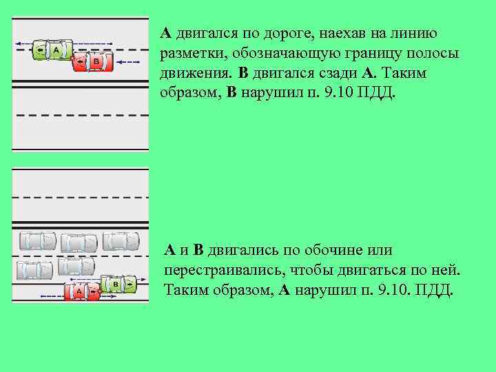 А двигался по дороге, наехав на линию разметки, обозначающую границу полосы движения. В двигался