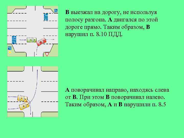 В выезжал на дорогу, не используя полосу разгона. А двигался по этой дороге прямо.