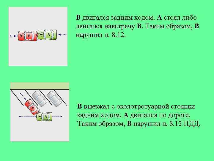 В двигался задним ходом. А стоял либо двигался навстречу В. Таким образом, В нарушил