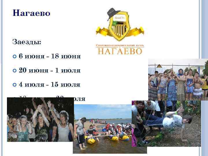 Нагаево Заезды: 6 июня - 18 июня 20 июня - 1 июля 4 июля