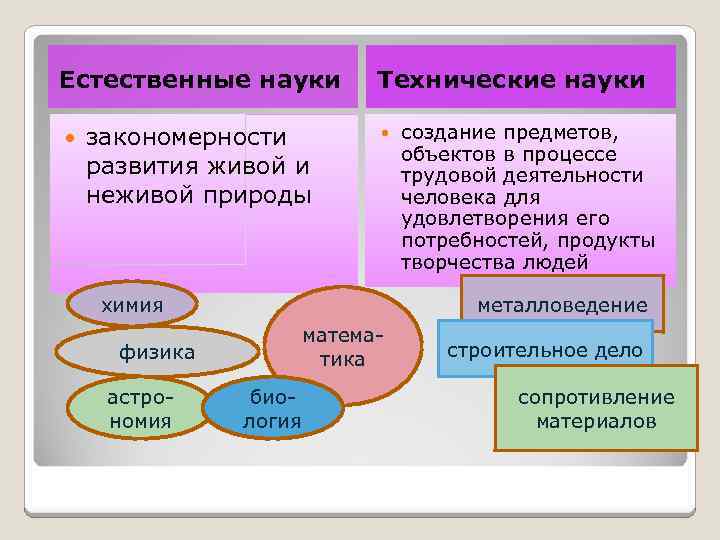 Естественные науки закономерности развития живой и неживой природы Технические науки металловедение химия физика астрономия