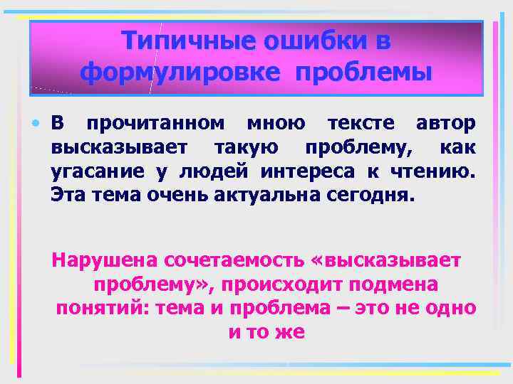 Типичные ошибки в формулировке проблемы • В прочитанном мною тексте автор высказывает такую проблему,