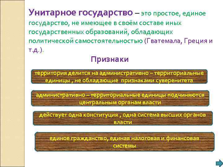 Унитарное государство – это простое, единое государство, не имеющее в своём составе иных государственных