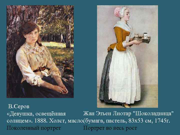 В. Серов Жан Этьен Лиотар "Шоколадница" «Девушка, освещённая солнцем» . 1888. Холст, масло. (бумага,
