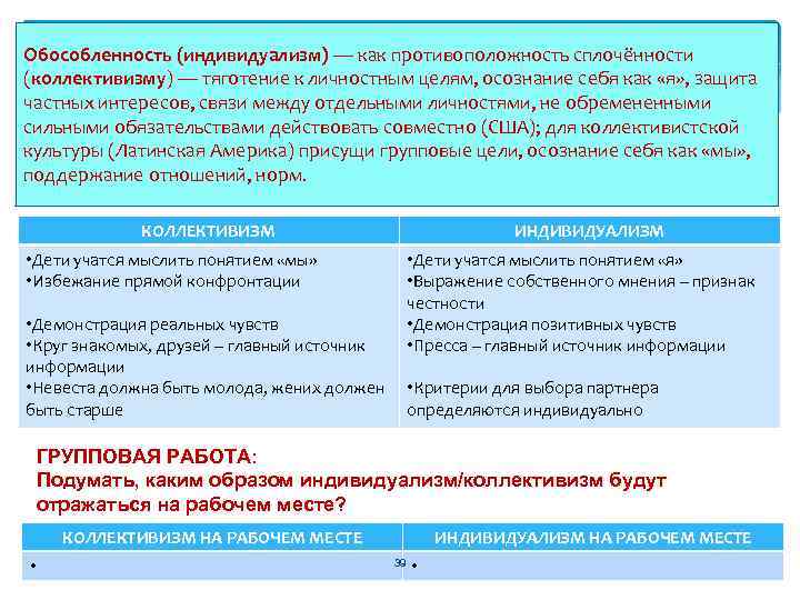 Обособленность (индивидуализм) — как противоположность сплочённости (коллективизму) — тяготение к личностным целям, осознание себя