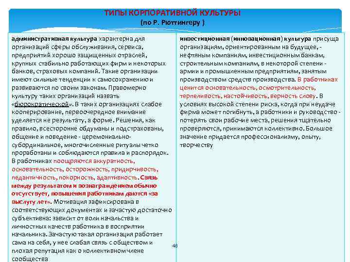 ТИПЫ КОРПОРАТИВНОЙ КУЛЬТУРЫ (по Р. Рюттингеру ) административная культура характерна для организаций сферы обслуживания,