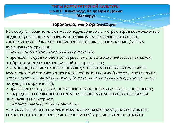 ТИПЫ КОРПОРАТИВНОЙ КУЛЬТУРЫ (по Ф. Р. Манфреду, Ке де Ври и Денни Миллеру) Параноидальные