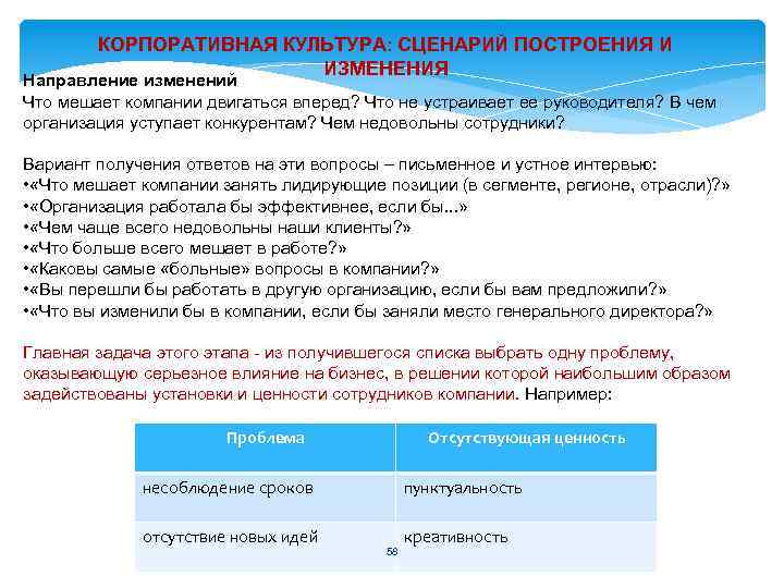 КОРПОРАТИВНАЯ КУЛЬТУРА: СЦЕНАРИЙ ПОСТРОЕНИЯ И ИЗМЕНЕНИЯ Направление изменений Что мешает компании двигаться вперед? Что