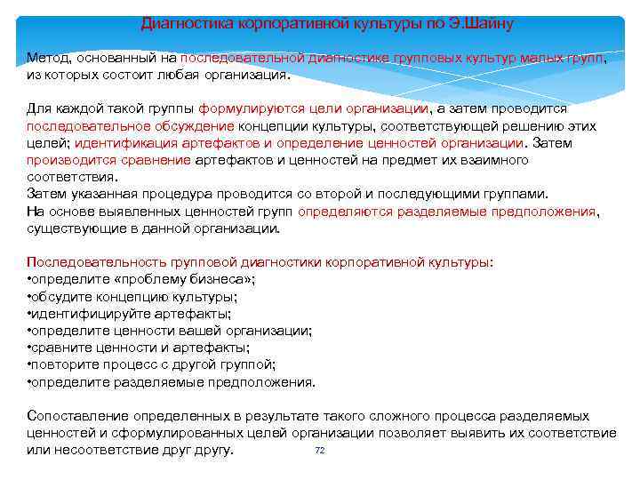 Диагностика корпоративной культуры по Э. Шайну Метод, основанный на последовательной диагностике групповых культур малых