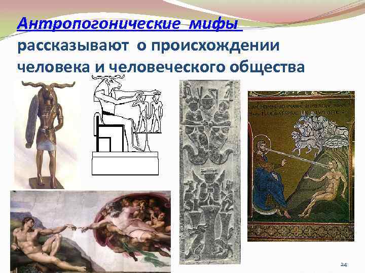 Антропогонические мифы рассказывают о происхождении человека и человеческого общества 24 