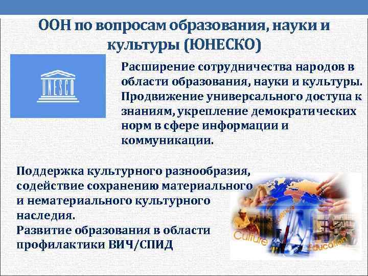 ООН по вопросам образования, науки и культуры (ЮНЕСКО) Расширение сотрудничества народов в области образования,