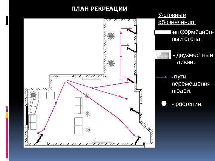 ПЛАН РЕКРЕАЦИИ Условные обозначения: информационный стенд. - - двухместный диван. пути перемещения людей. -