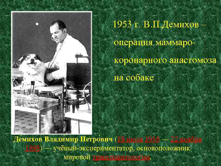  • 1953 г. В. П. Демихов – операция маммаро- коронарного анастомоза на собаке