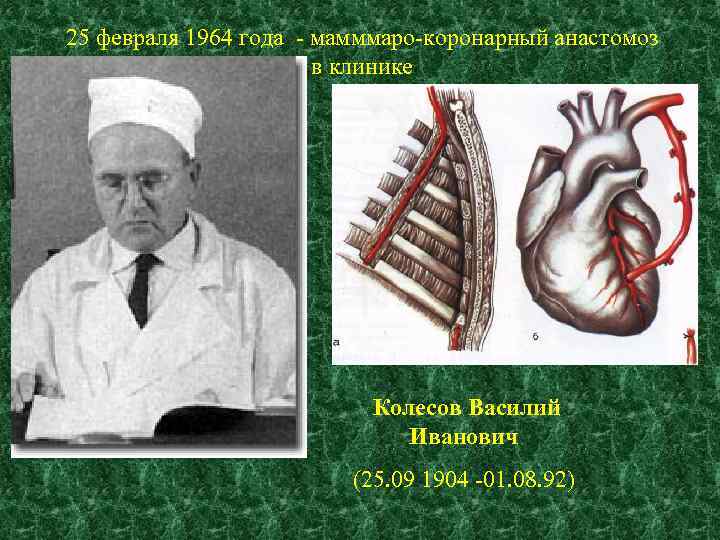 25 февраля 1964 года - мамммаро-коронарный анастомоз в клинике Колесов Василий Иванович (25. 09