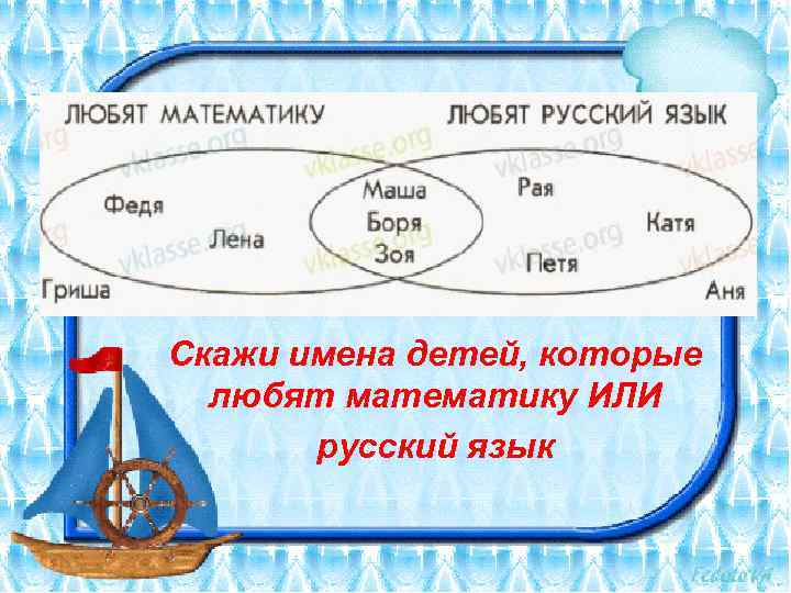 Скажи имена детей, которые любят математику ИЛИ русский язык 