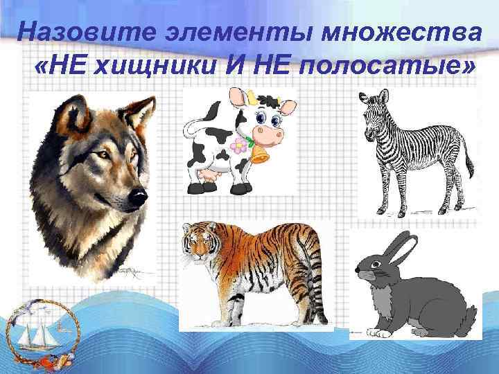 Назовите элементы множества «НЕ хищники И НЕ полосатые» 
