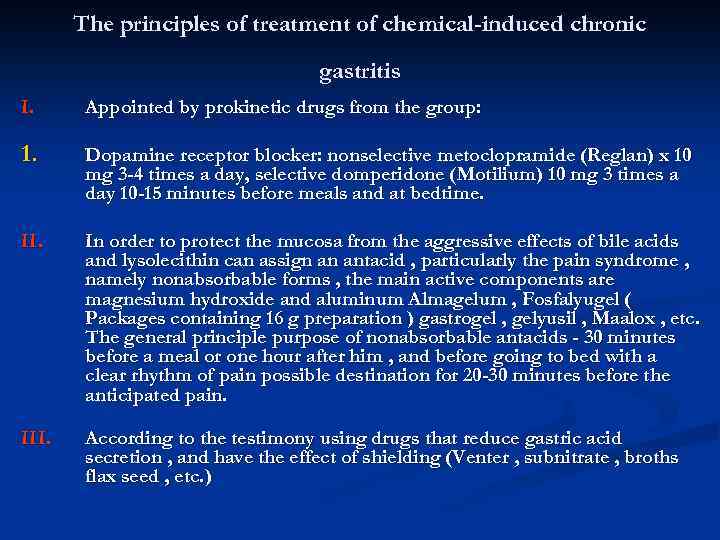 The principles of treatment of chemical-induced chronic gastritis I. Appointed by prokinetic drugs from