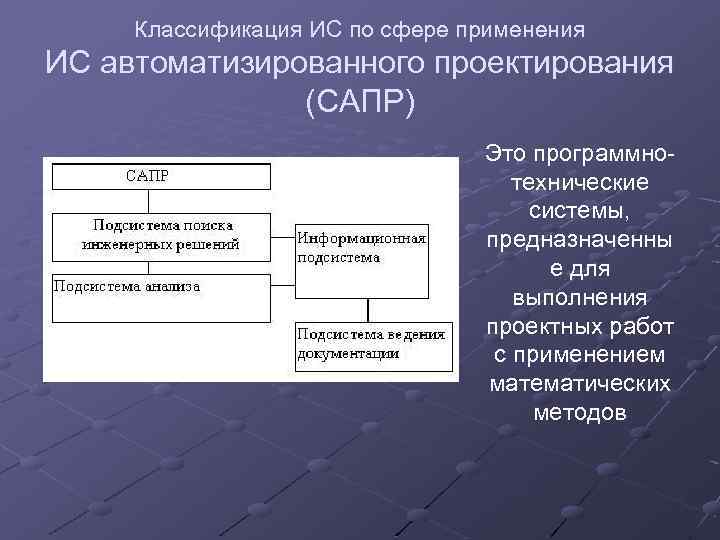 Классификация ИС по сфере применения ИС автоматизированного проектирования (САПР) Это программнотехнические системы, предназначенны е