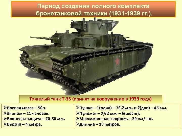Период создания полного комплекта бронетанковой техники (1931 -1939 гг. ). Тяжелый танк Т-35 (принят