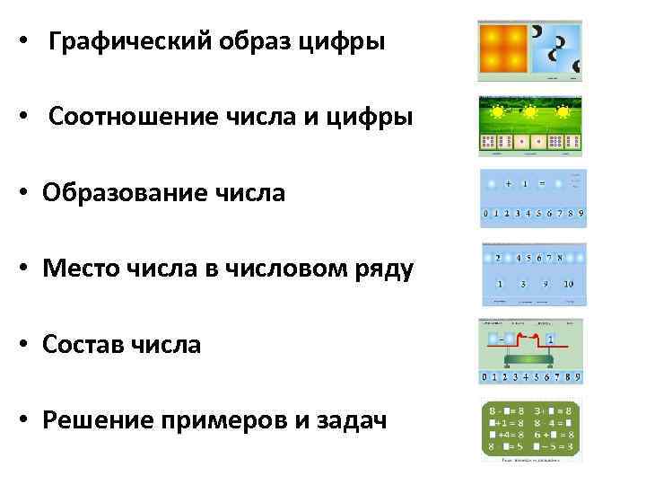  • Графический образ цифры • Соотношение числа и цифры • Образование числа •
