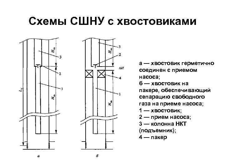Схемы СШНУ с хвостовиками а — хвостовик герметично соединен с приемом насоса; б —