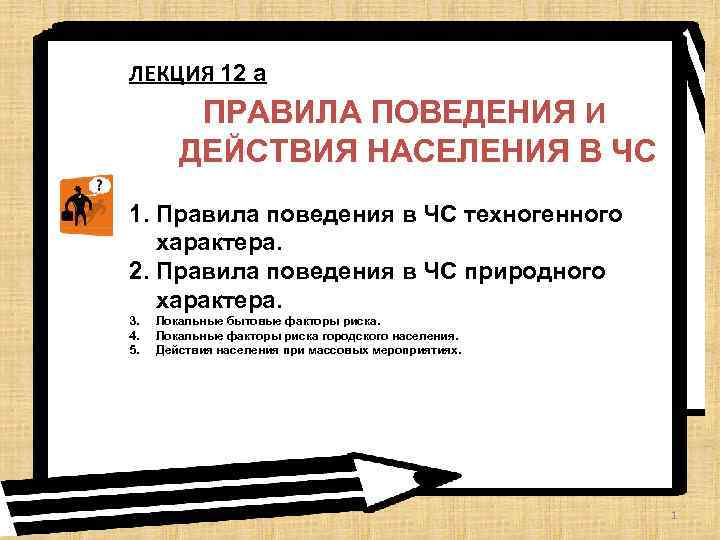 ЛЕКЦИЯ 12 а ПРАВИЛА ПОВЕДЕНИЯ И ДЕЙСТВИЯ НАСЕЛЕНИЯ В ЧС 1. Правила поведения в
