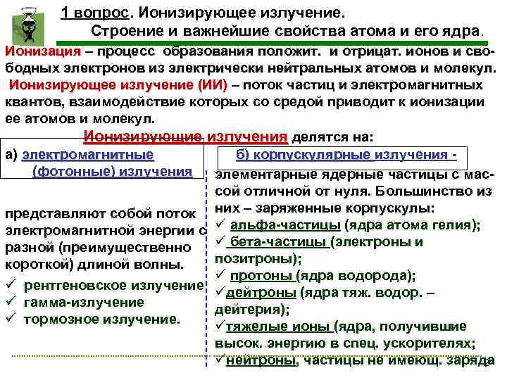 1 вопрос. Ионизирующее излучение. Строение и важнейшие свойства атома и его ядра. Ионизация –