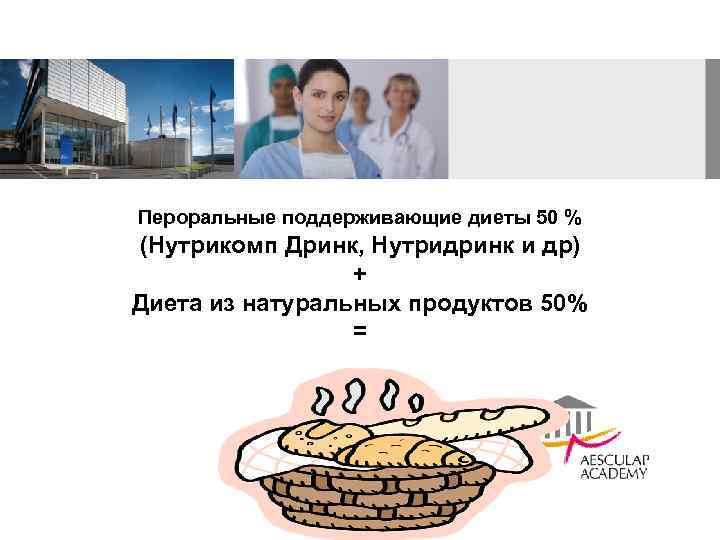 Пероральные поддерживающие диеты 50 % (Нутрикомп Дринк, Нутридринк и др) + Диета из натуральных