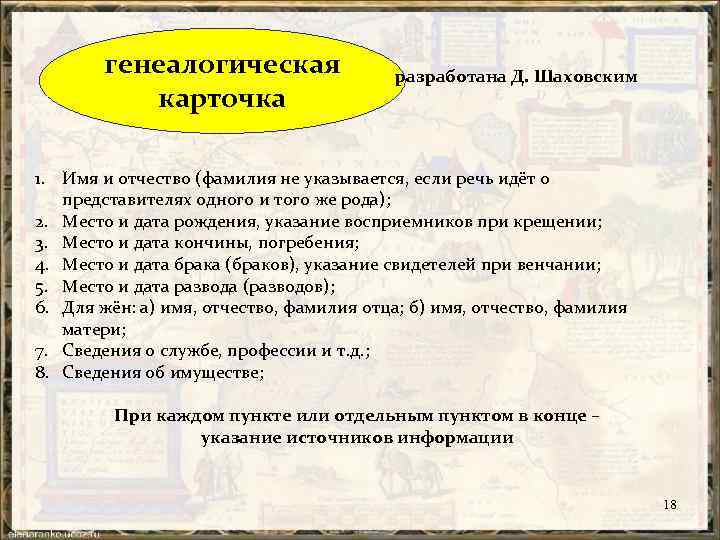 генеалогическая карточка разработана Д. Шаховским 1. Имя и отчество (фамилия не указывается, если речь
